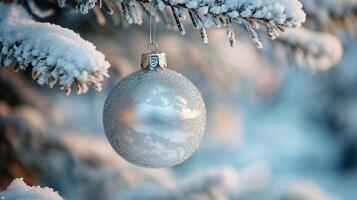 Close-up of a frosty silver Christmas ornament photo