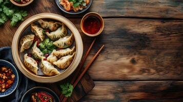 Chinese dumplings on table flat lay view photo