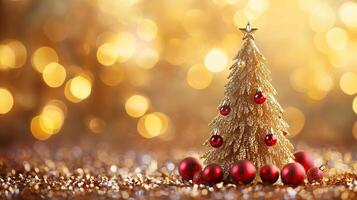 Miniature gold Christmas tree with ornaments and red baubles photo
