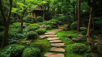 Serene Japanese tea garden with a peaceful stone pathway photo