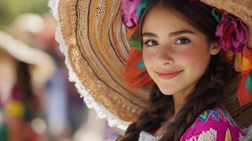 Beautiful Spanish girl in a huge hat at the festival. photo