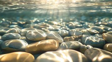 Smooth pebbles resting at the bottom of clear water, enhanced by reflections photo