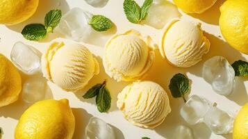 Scoops of lemon ice cream surrounded by fresh lemons and mint photo