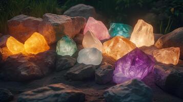 A collection of colorful crystal healing stones glows softly photo