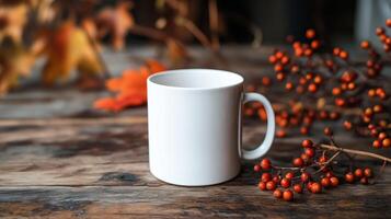 A simple white coffee mug on a rustic wooden table photo