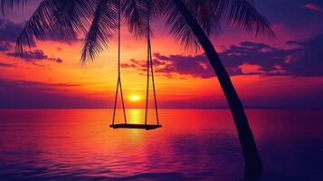 Silhouette of a swing hanging from a palm tree photo