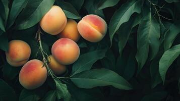 A bunch of peaches are on a leafy branch photo