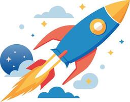 Rocket ship flying through space among stars and planets, symbolizing exploration, innovation, and the excitement of new discoveries in a whimsical scene. vector