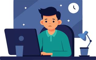 Employee working at night with a laptop, symbolizing late work hours, dedication, and the struggle to balance personal and professional life. vector