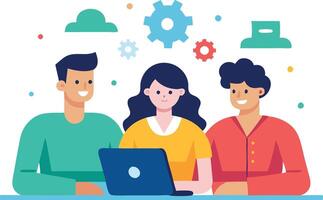 Three people working together on a laptop, symbolizing teamwork, collaboration, and project development vector
