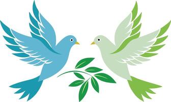 Two doves flying with olive branches, symbolizing peace, harmony, and love in a serene and minimalist illustration. vector