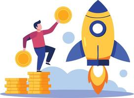 Rocket launching with coins, representing financial growth, business success, and investment in startups. vector