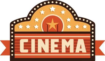 Vintage cinema sign with glowing lights, representing the classic moviegoing experience and entertainment in a bold and nostalgic design. vector
