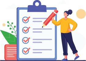 Woman checking off tasks on a large clipboard, symbolizing productivity, task management, and goal completion in a modern illustration. vector