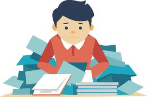 Tired student buried in books and papers, representing academic stress, heavy workload, and study pressure in a simple and relatable illustration. vector