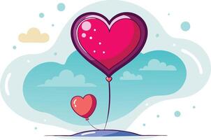 Heart balloon floating in the sky with clouds, flat illustration of love vector