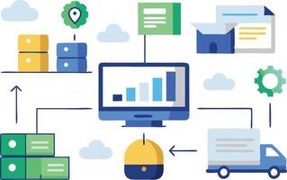 illustration of a logistics and delivery network, showing various transportation and data flows. vector