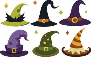 Halloweenthemed illustration of various witch hats in different colors and designs, perfect for the season. vector