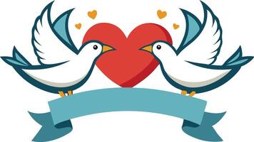 Pair of doves holding heart, flat illustration symbolizing love and unity vector