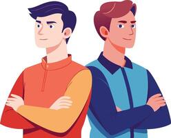 Illustration of two confident men standing backtoback with arms crossed, expressing strength and pride. vector