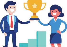 Two people celebrating a business achievement with a trophy, symbolizing success, teamwork, and recognition in a modern cartoonstyle illustration. vector