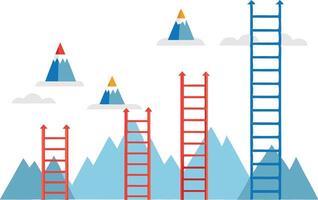 Illustration of ladders reaching towards mountain peaks symbolizing goals, ambition, and achievement vector