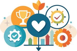 Illustration combining symbols of growth, achievement, and collaboration, including trophies, gears, and heart, representing teamwork and success. vector