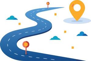A winding road with location markers and directional symbols, representing a journey of discovery, progress, and destination in a minimalist design. vector