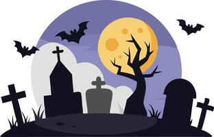 Spooky graveyard scene with tombstones, a full moon, and bats flying, representing Halloween, fear, and mystery in a dark, eerie landscape. vector
