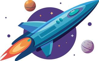 Futuristic rocket flying through space among planets, representing innovation, space exploration, and technology in a dynamic illustration. vector