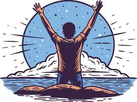 Person raising arms towards the sky, standing in front of a sunset, symbolizing freedom, peace, and connection with nature in a serene scene. vector