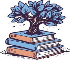 Stylized tree growing from a stack of books, symbolizing wisdom, learning, and the connection between knowledge and growth in a creative design. vector
