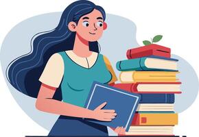 Female student carrying a stack of books while smiling, symbolizing education and learning achievements vector