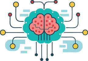 Stylized brain with circuitry and connected nodes, illustrating the concept of digital intelligence and innovation vector