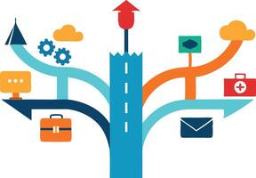 Abstract infographic with various icons such as arrows, gears, and mail, symbolizing growth, direction, and communication in business. vector