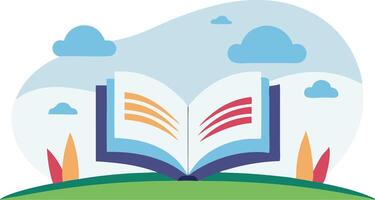 Open book with clouds and nature in the background, symbolizing education, learning, and imagination in a colorful and creative design. vector