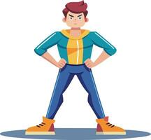 Confident person standing with hands on hips, exuding power and determination in a cartoon style, set against a light and simple background. vector