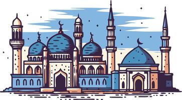 Illustration of a grand mosque with domes and minarets, symbolizing Islamic architecture, spirituality, and religion in a detailed and artistic design. vector
