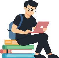 Man reading on laptop with backpack sitting on stack of books vector