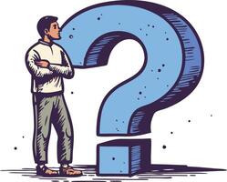 Man pondering while standing beside a large question mark, conveying thoughts and solutions vector