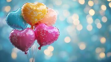 Heart-shaped colorful balloons with bokeh background photo