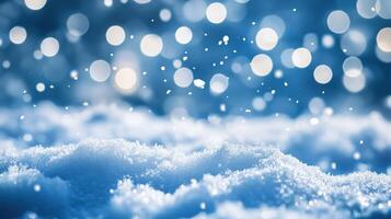 blue bokeh winter banckground with snowflankes photo