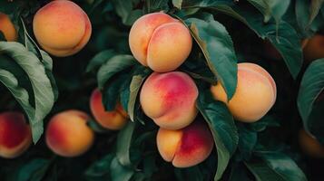 A bunch of peaches are on a leafy branch photo