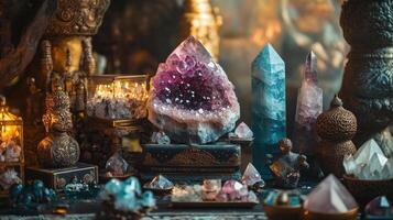 a beautiful esoteric and mystical altar for meditation photo