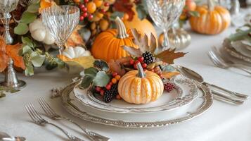 A beautifully arranged autumn table setting featuring pumpkins photo