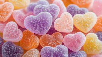A pile of heartshaped gummy candies in various pastel colors photo
