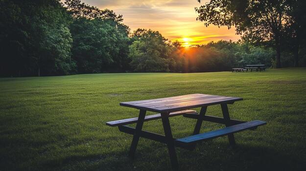 An empty picnic table in a park with a beautiful sunset in the background photo