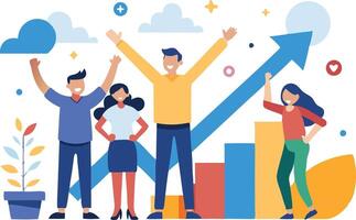 Team of people celebrating success with upward arrow, representing business achievement, teamwork, and growth in a modern, dynamic illustration. vector