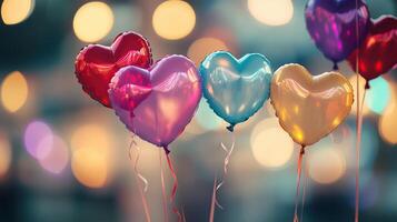 Heart-shaped colorful balloons with bokeh background photo