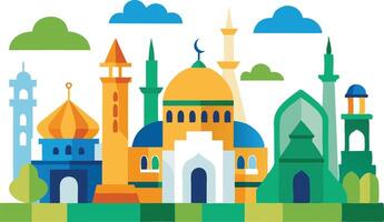Colorful mosque with domes and minarets, symbolizing Islamic architecture, religion, and culture in a vibrant and artistic design. vector